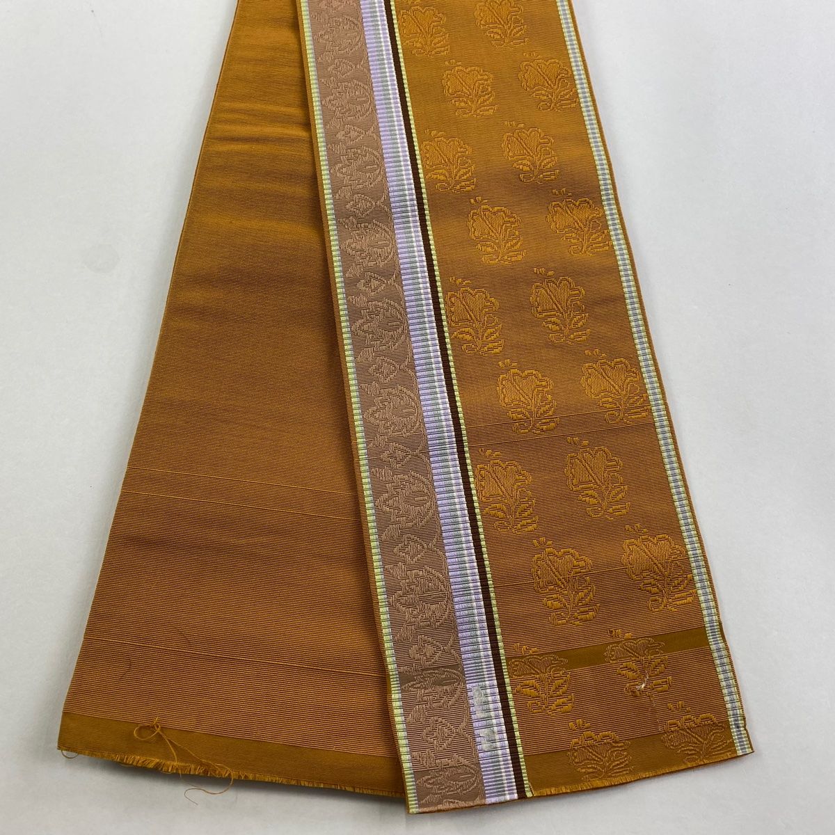 半幅帯 秀品 証紙 博多織 地紋 縞 山吹色 正絹