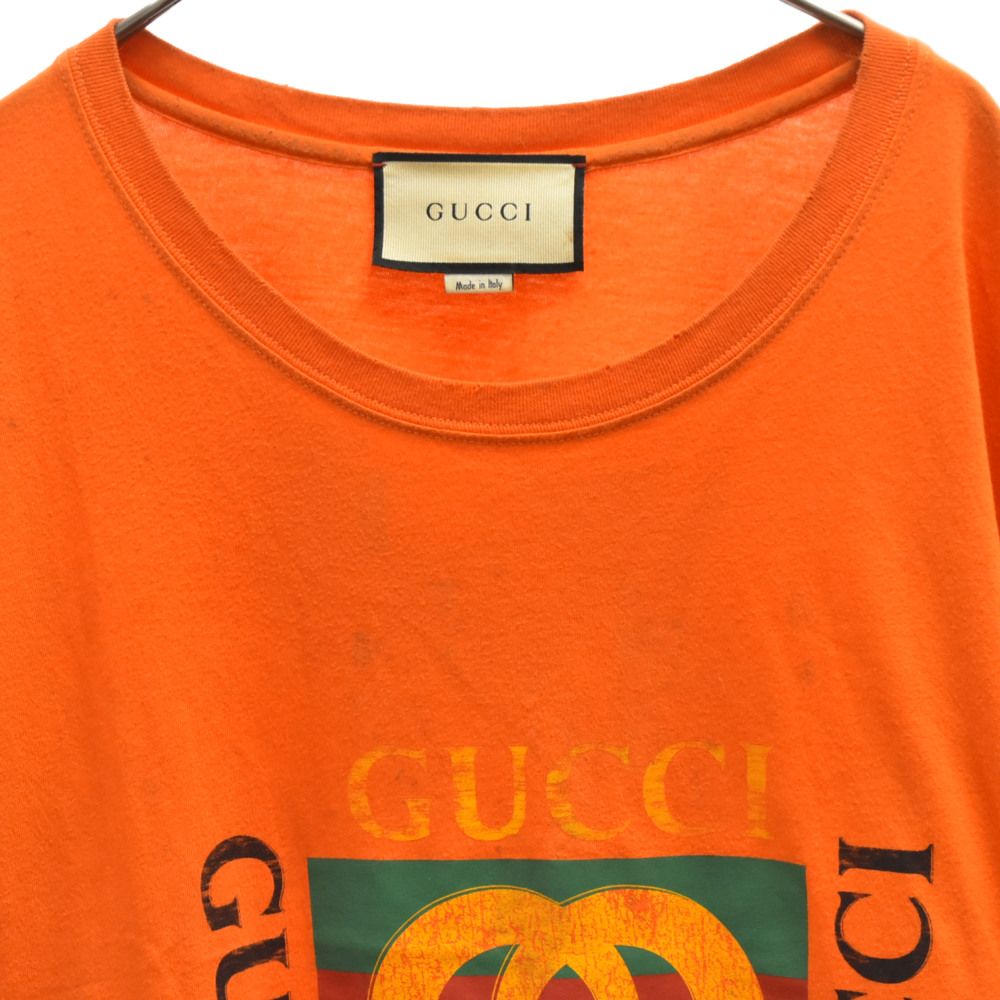 GUCCI (グッチ) GGロゴ プリント ヴィンテージ加工デザイン クルーネック 半袖Tシャツ カットソー オレンジ 493117 X3I83 -  メルカリ