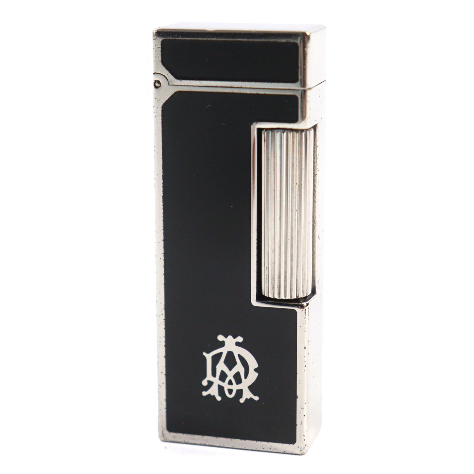 ○Dunhill ダンヒル ロゴ入り サイド鏡面 ラッカー スクエアフォルム ローラー式 喫煙グッズ ガスライター ブラック シルバー スイス製 メンズ 着火 済み