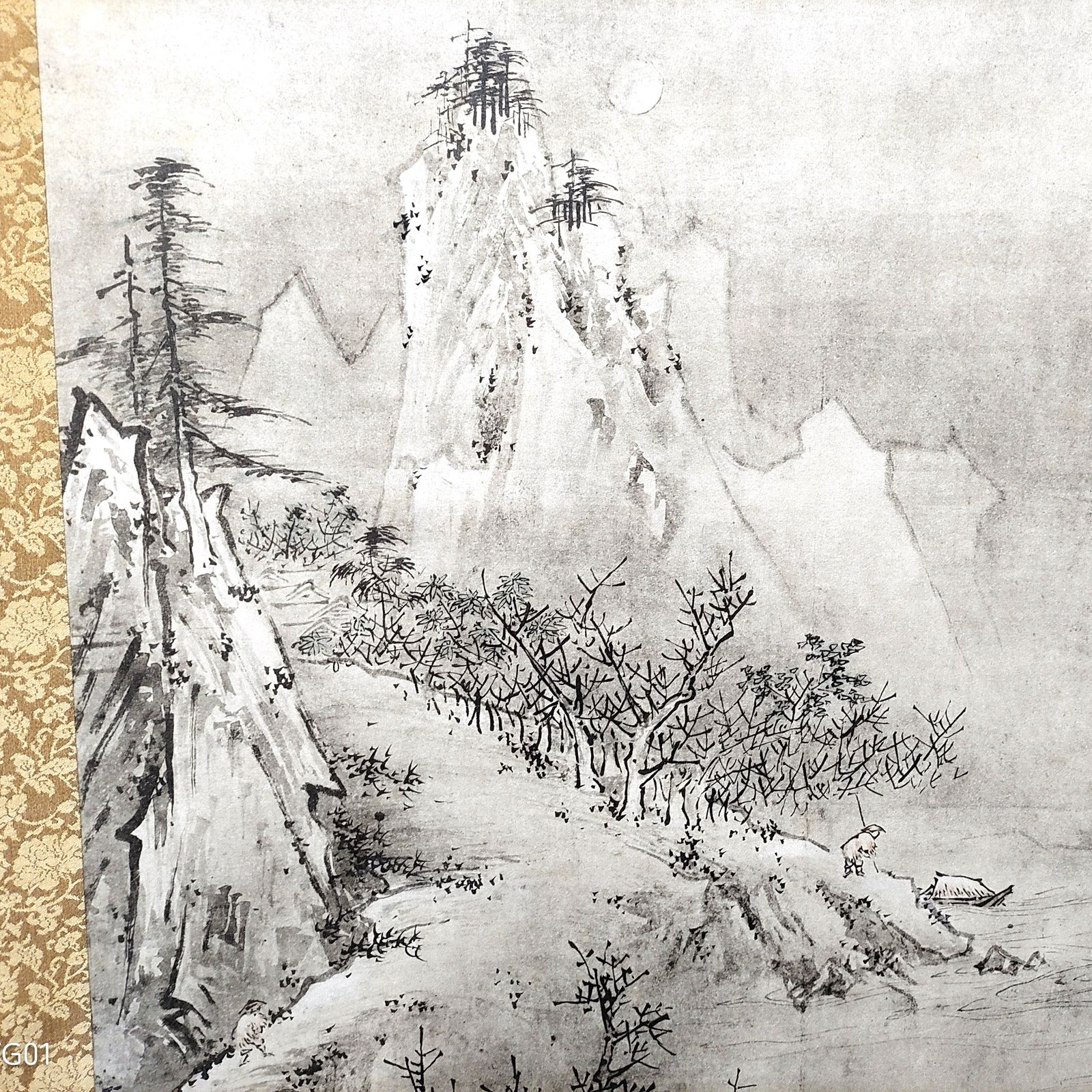 美品 2065 雪村 「夏冬山水図」 工芸印刷 絹本 日本画 掛軸 2本