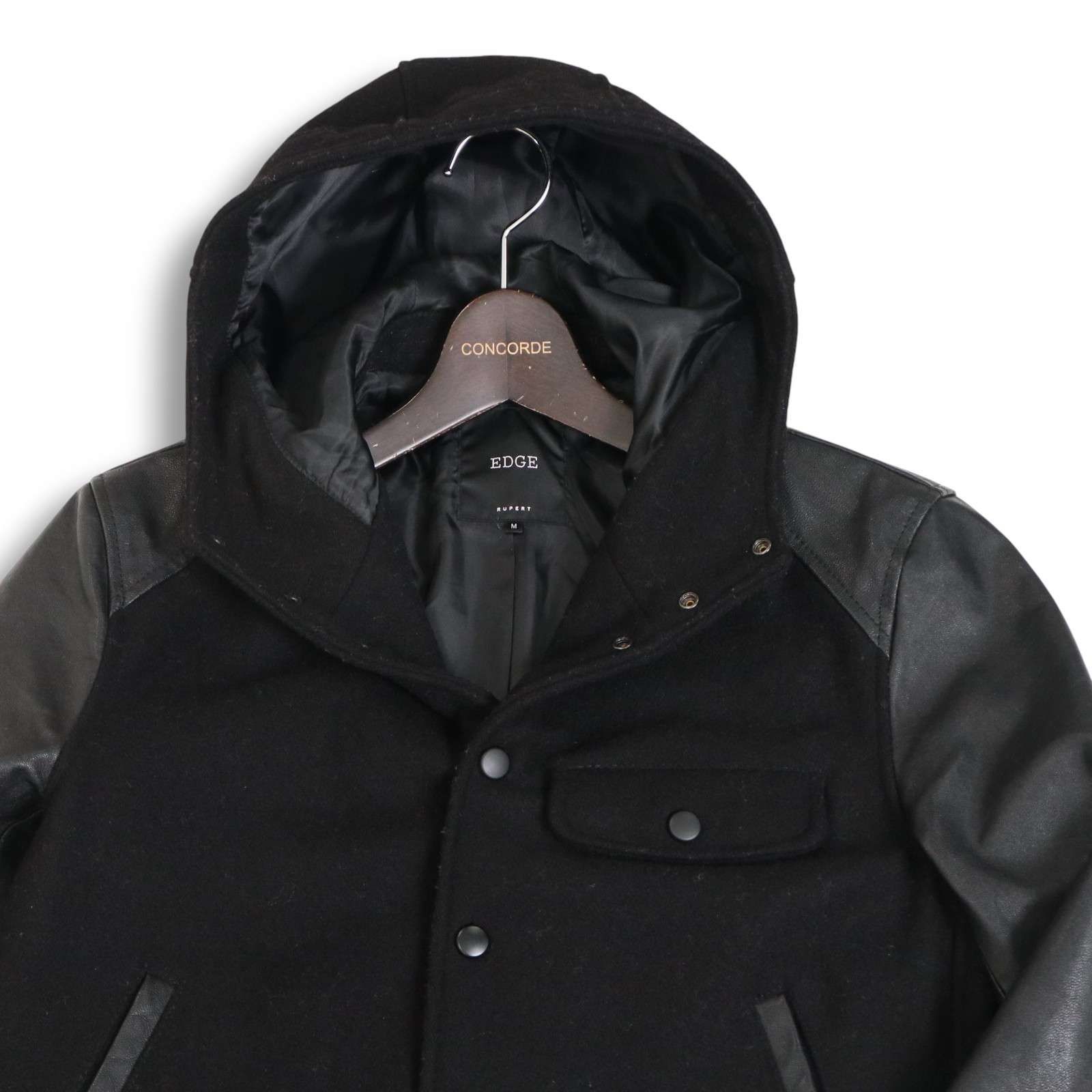 EDGE RUPERT ルパート 秋冬 袖革★ 山羊革 ゴート レザー × ウール フーディー スタジャン ジャケット Sz.M　メンズ 黒 EDGE RUPERT ルパート 秋冬 袖革☆ 山羊革 ゴート レザー × ウール