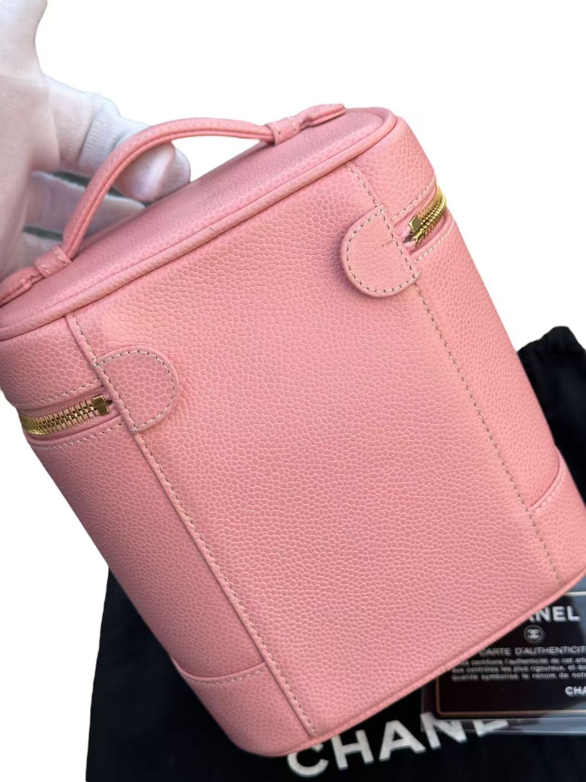 ◆本物シャネルCHANELヴィンテージVintageココマークCCゴールドG金具バニティコスメハンドバッグポーチキャビアスキン化粧箱ピンク金