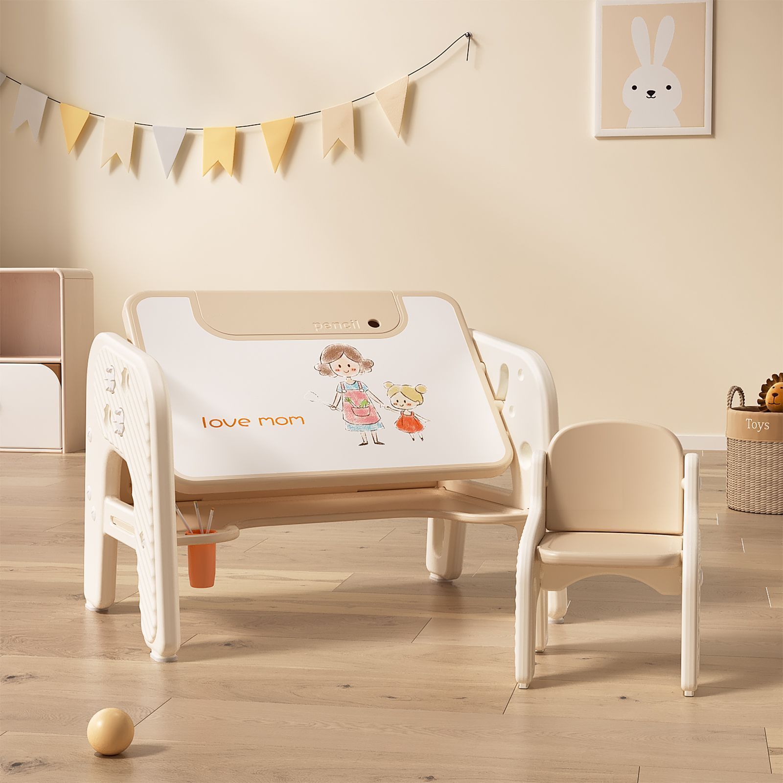子供用テーブルと椅子2点セット デスク チェア 3段調節機能 角が丸いデザイン 子供に優しい素材 絵かきボード 収納 家具 リビング学習 絵か