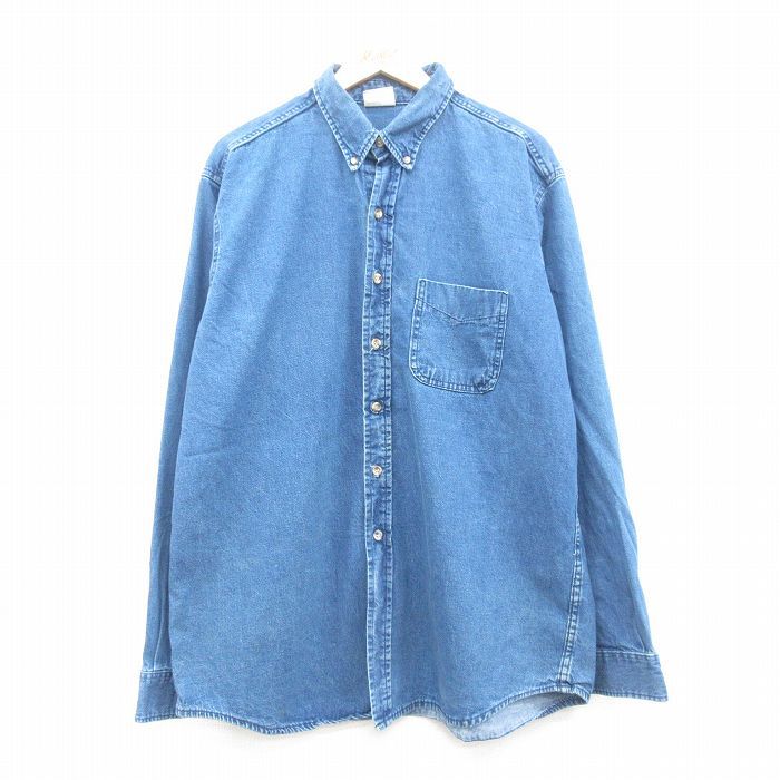 XL/古着 ファイブブラザー 長袖 シャツ メンズ 90s 大きいサイズ ロング丈 コットン ボタンダウン 紺 ネイビー デニム 24may31 中古 トップ