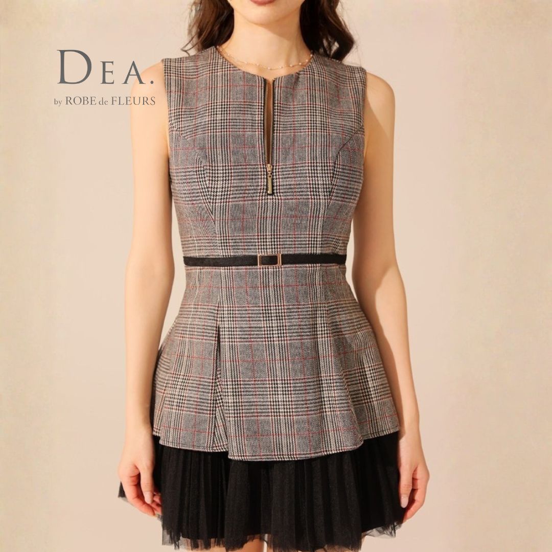 チェックノースリーブベルトデザインチュールミニキャバドレス