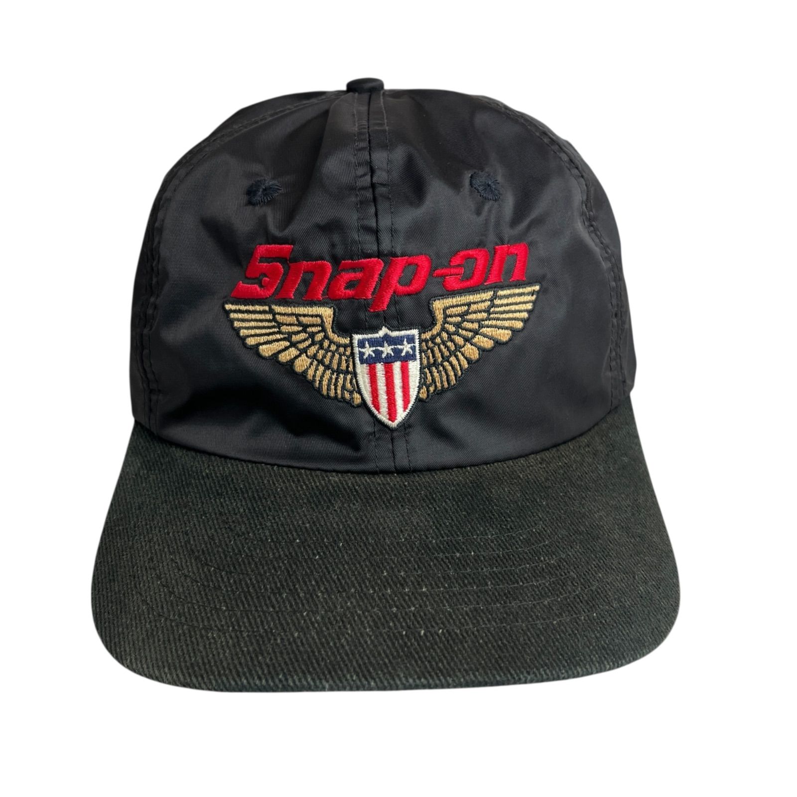 キャップ|帽子 90s Snap-on スナップオン ビンテージスナップバックキャップ 刺繍ロゴ ナイロン ブラック 黒
