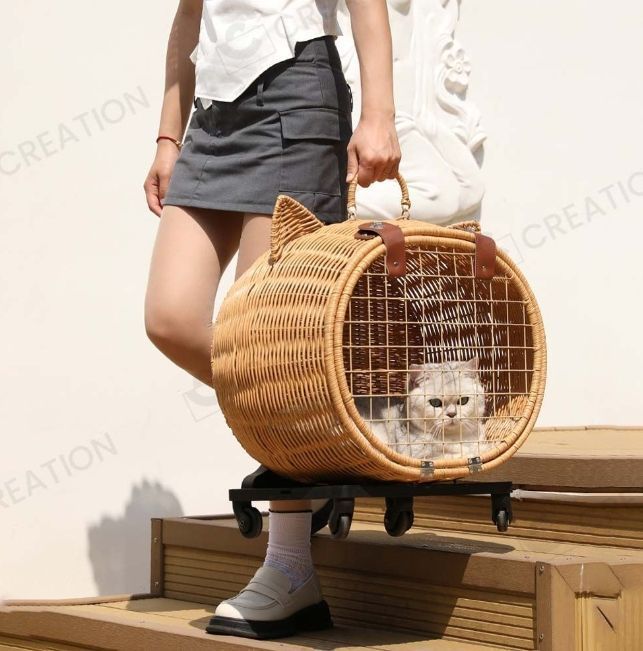 手作り籐かごペットキャリーカート猫かご小動物小型犬猫ラタン製取り外し