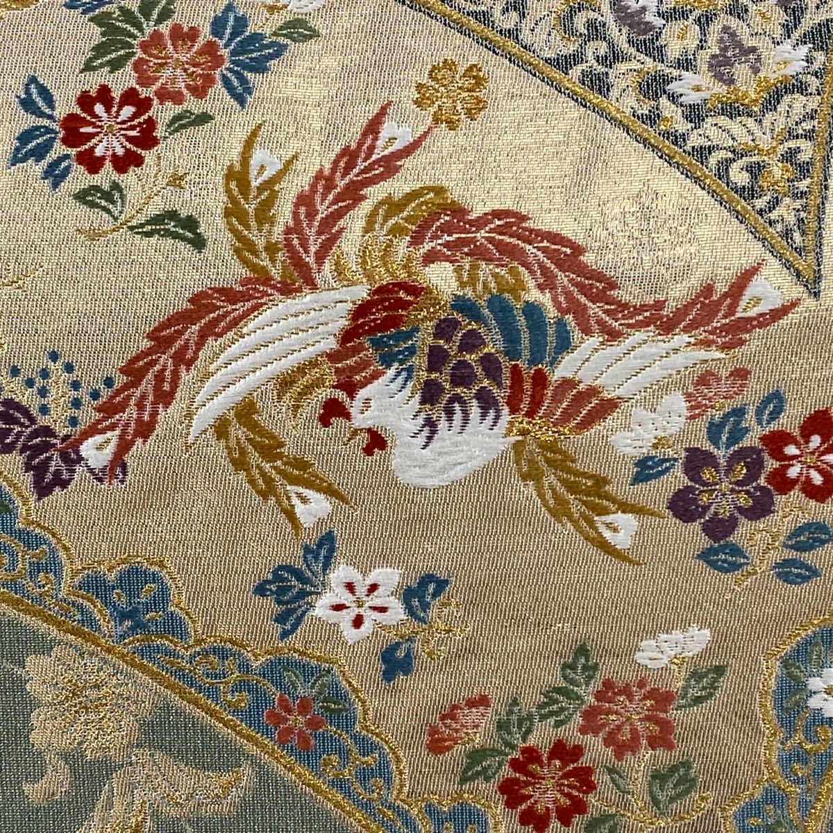 袋帯 美品 秀品 華文 鳳凰 金糸 箔 灰緑 六通 正絹 【中古