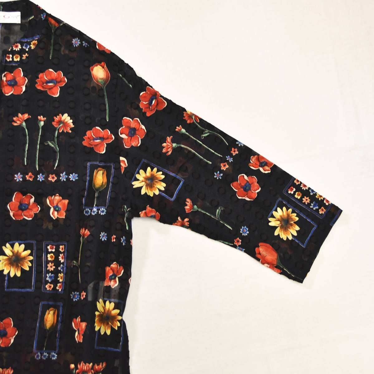 フランス製 キャロルグレイ CAROLE GREY 長袖 ノーカラー シースルー シャツ ブラウス 40 ブラック x 花柄 マルチカラー ガーリー  レディース ♪ フランス製 キャロルグレイ CAROLE GREY 長袖 ノーカラー