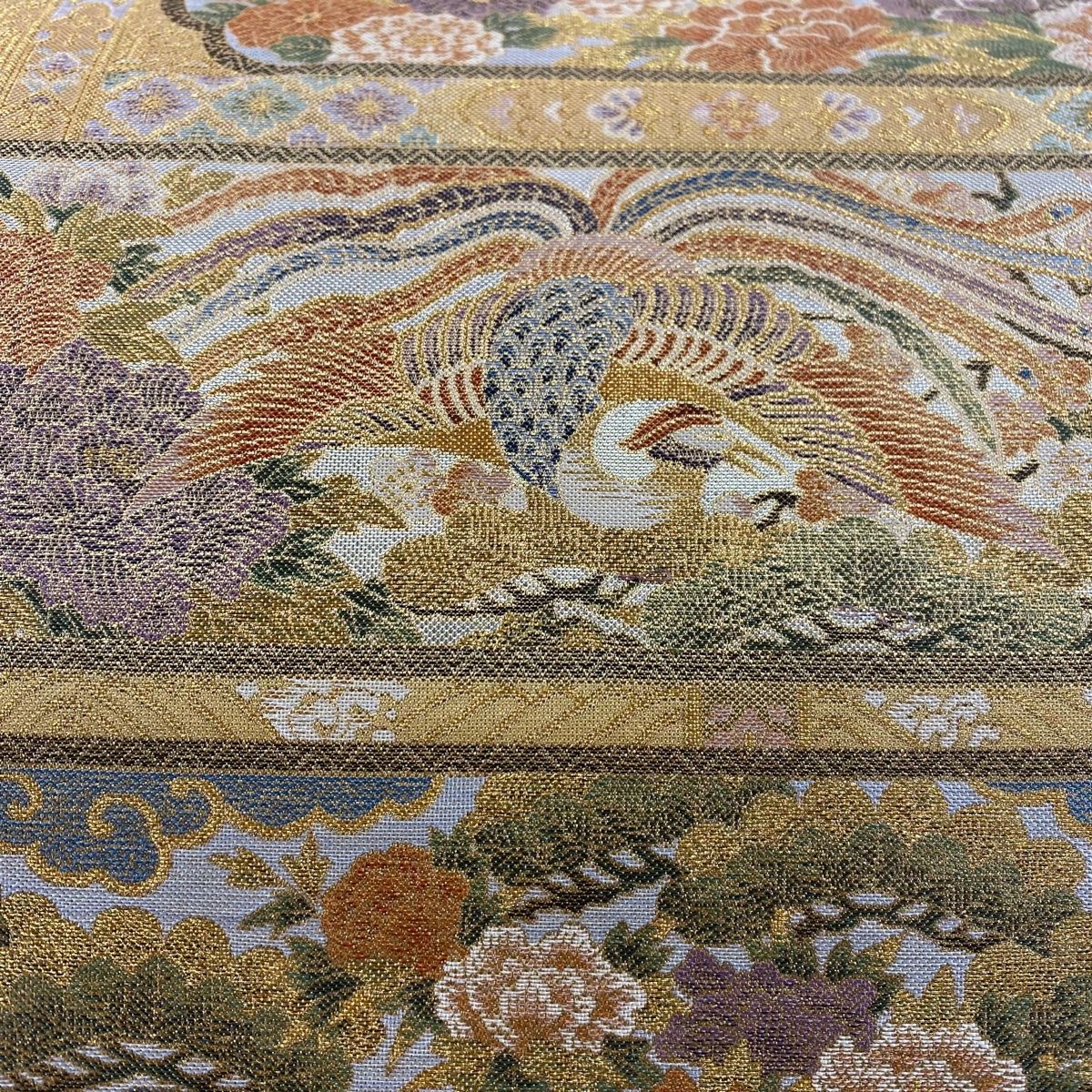 袋帯 美品 秀品 華文 鳳凰 金糸 箔 金色 六通 正絹 【中古 袋帯 美品 秀品 華文 鳳凰 金糸 箔 金色 六通 正絹 【中古