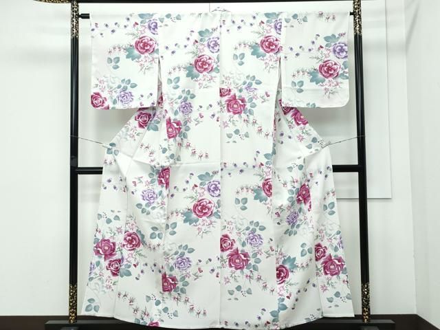 平和屋着物 上 夏物 撫松庵 小紋 浴衣兼用 セオアルファ バラと芙蓉 練色地 洗える着物 ♥ CZAA3713s5