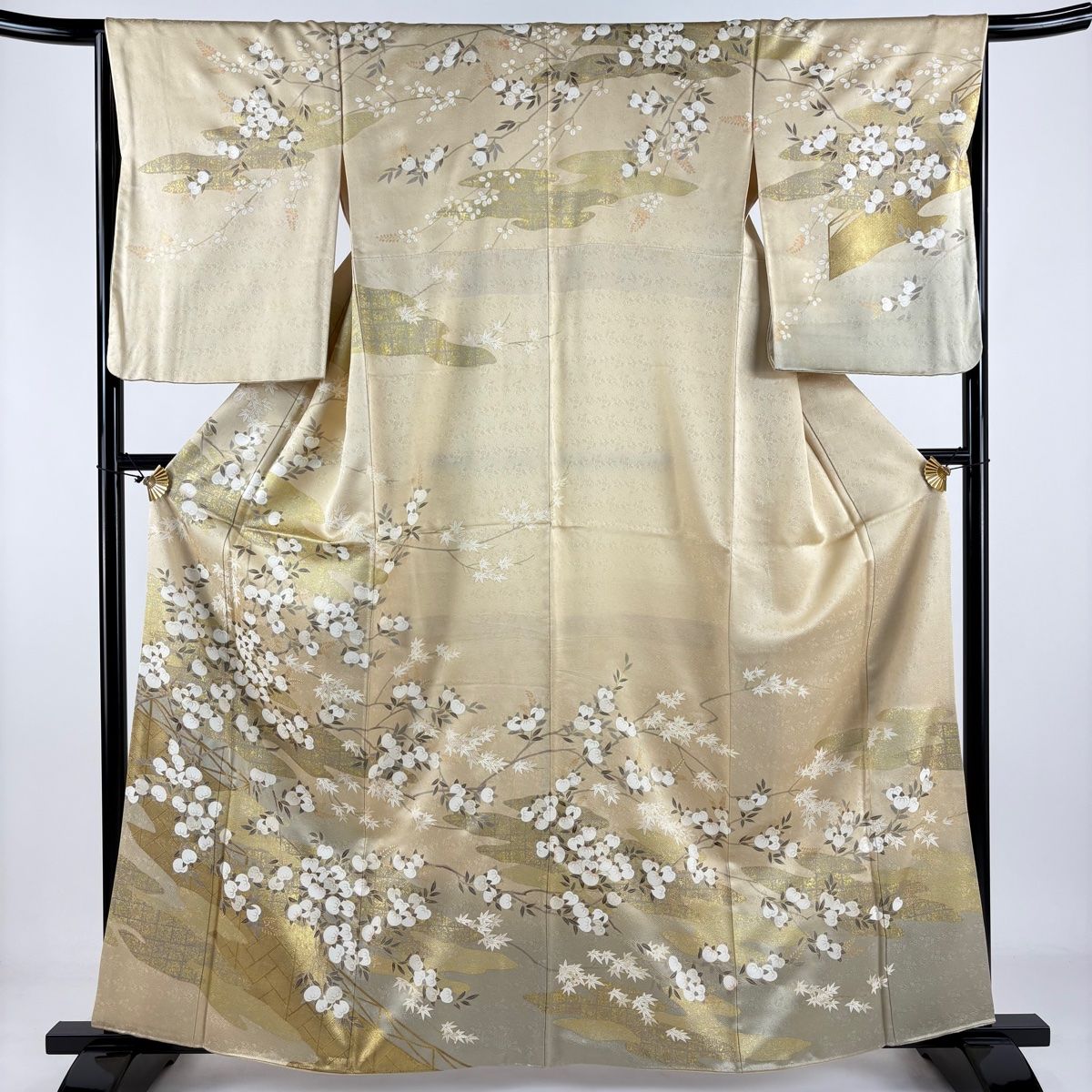 訪問着 身丈163cm 裄丈66cm M 袷 橘 楓 金糸 金彩 ベージュ 正絹 秀品