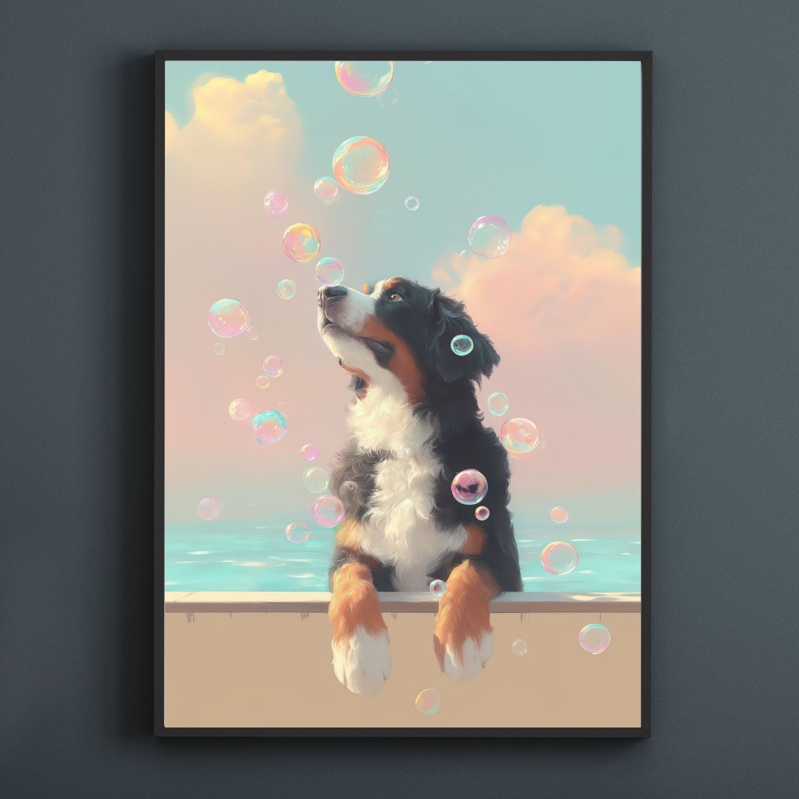 名入れOK 犬とシャボン玉 - バーニーズマウンテン犬 No.1 アートポスター ペットロス うちの子記念日 北欧 ナチュラル