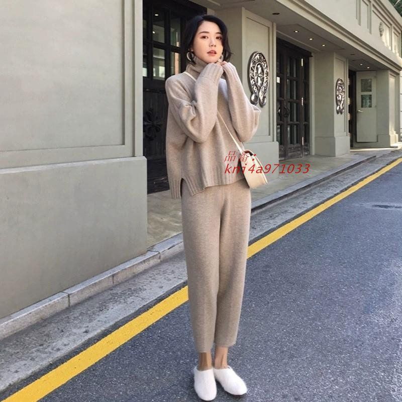 セットアップ レディース ニット 秋冬 セーター 上下セット ハイネック テーパードパンツ ゆったり カジュアル オシャレ サルエルパンツ kni4a971033