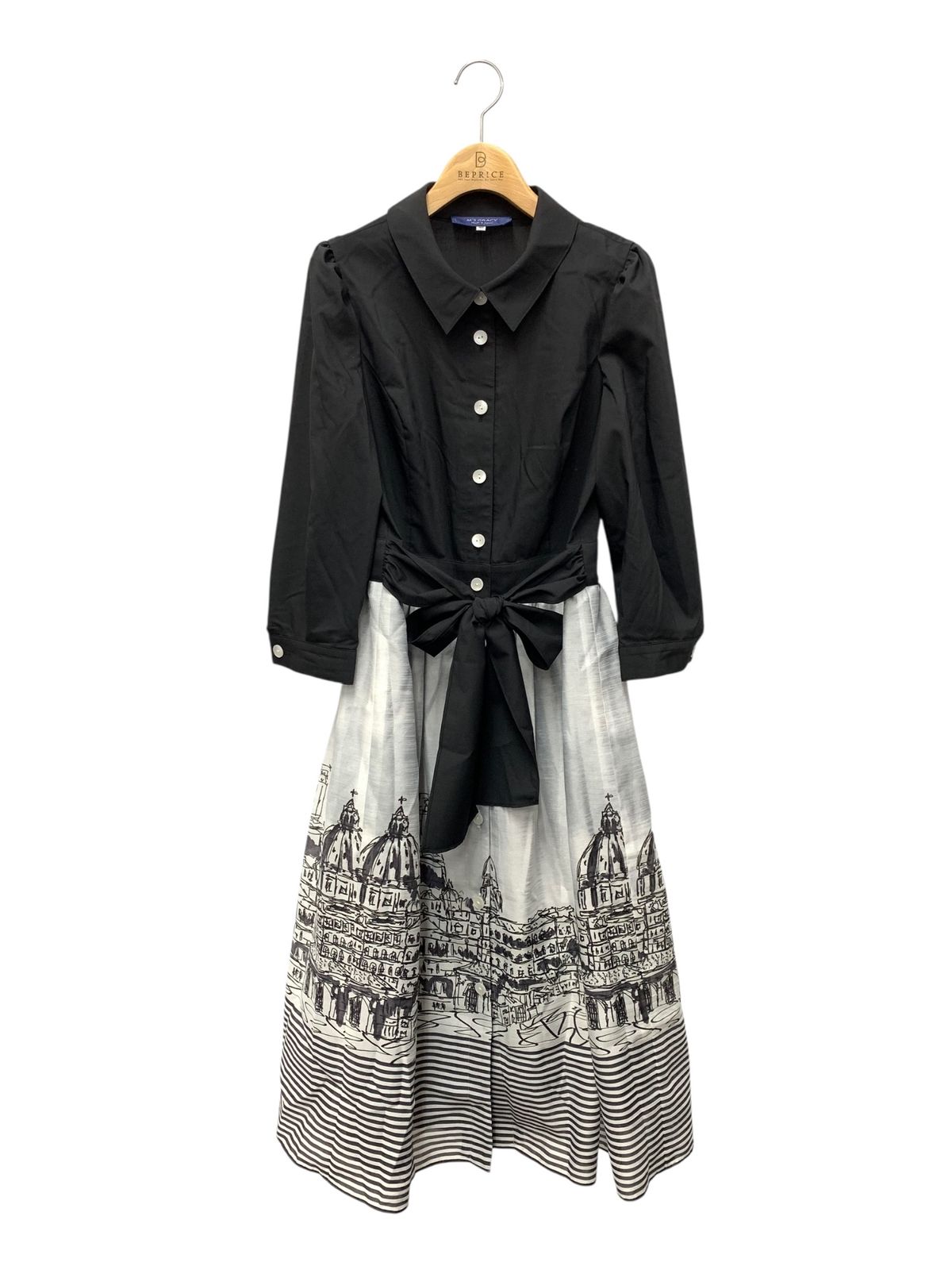 エムズグレイシー 511107 ワンピース 40 ブラック 異素材ミックス 風景柄 ボーダー IT8PLEZDS6VU