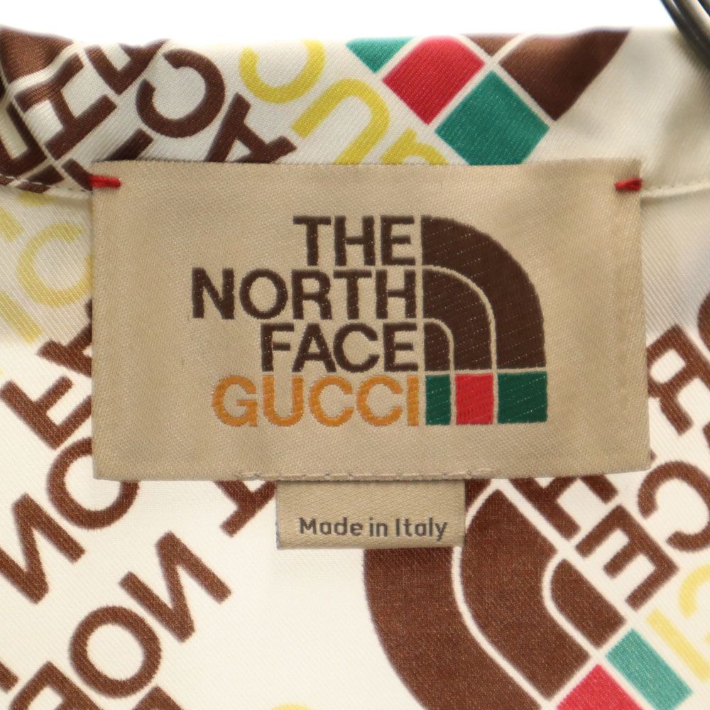 未使用 グッチ イタリア製 ノースフェイス コラボ シルク 総ロゴ 半袖 シャツ 46 アイボリー系 GUCCI x THE NORTH FACE 箱付き メンズ 未使用 グッチ イタリア製 ノースフェイス コラボ シルク 総ロゴ 半袖