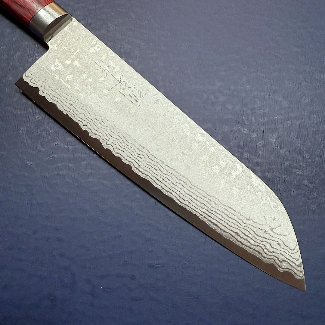 訓平作 三徳 包丁 170mm 彩流 積層ダマスカス V金10号 赤柄 越前打刃物