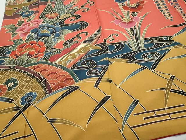 平和屋着物○豪華振袖 型染め 紅型 舞蝶風景花鳥文 正絹 逸品  