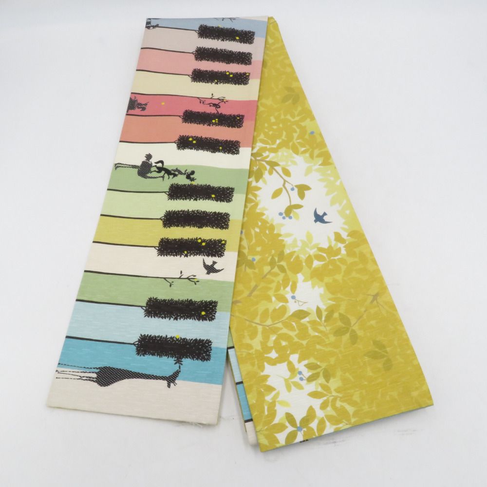 半幅帯 WAKKA ワッカ 動物 森と小鳥柄 正絹 レインボーｘイエロー リバーシブル 日本製 半巾帯 長さ424cm 新品 【キモノオフ野々市若松店】 半幅帯 WAKKA ワッカ 動物 森と小鳥柄 正絹 レインボーxイエロー