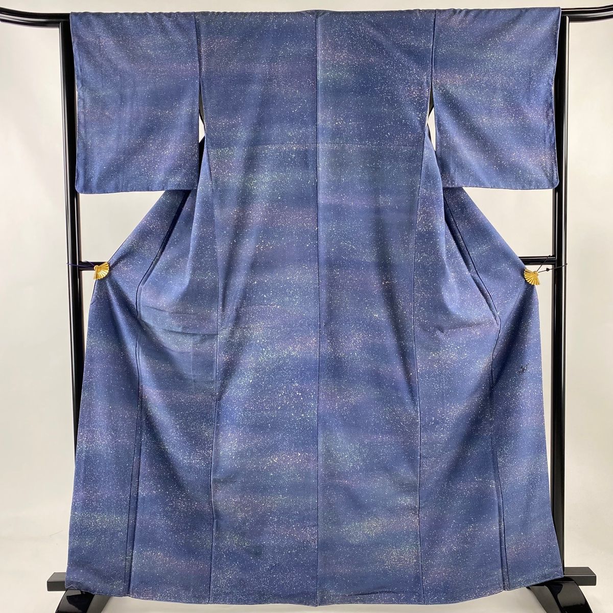 小紋 身丈165cm 裄丈65cm M 袷 紬地 落款 霞 幾何学 ぼかし 青灰色 正絹 名品