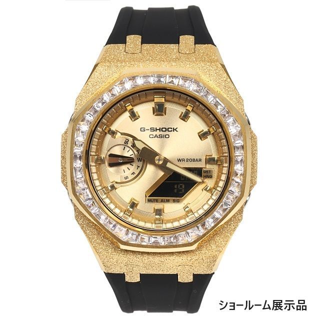 G-SHOCK GA2100GB GARISH メタル カスタム フロステッドゴールド ラバーバンド バゲットCZベゼル カシオーク ブラックベルト ステンレス製 艶消しモデル Frosted Edition CASIOAK GOLD ショールーム展示品