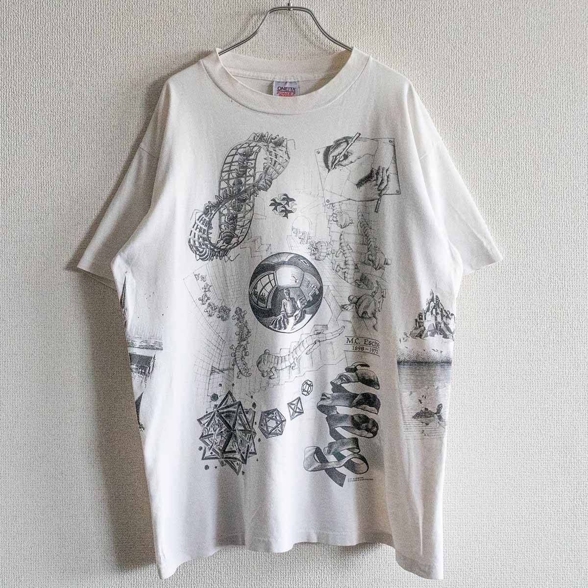 【USA製】90s MCエッシャー マルチプリント ロンT L 騙し絵 空と水 USA製】90s MCエッシャー マルチプリント ロンT L 騙し絵 空と水