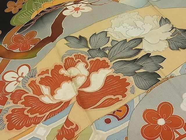 平和屋1□極上 アンティーク 大正ロマン 振袖 駒刺繍 渡り橋草花文 暈