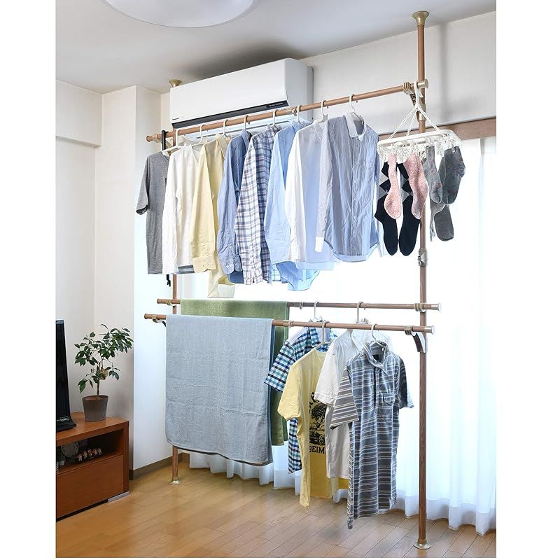 山善 YAMAZEN 布団も干せる 簡単設置 窓際 突っ張り物干し ハンガーラック ナチュラル 木目調 WJM-3 GNA 1