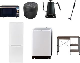 山善 新生活家電7点セット 一人暮らし 8kg洗濯機 173L冷蔵庫 オーブンレンジ 炊飯器 温調ケトル 軽量クリーナー レンジラック ブラック