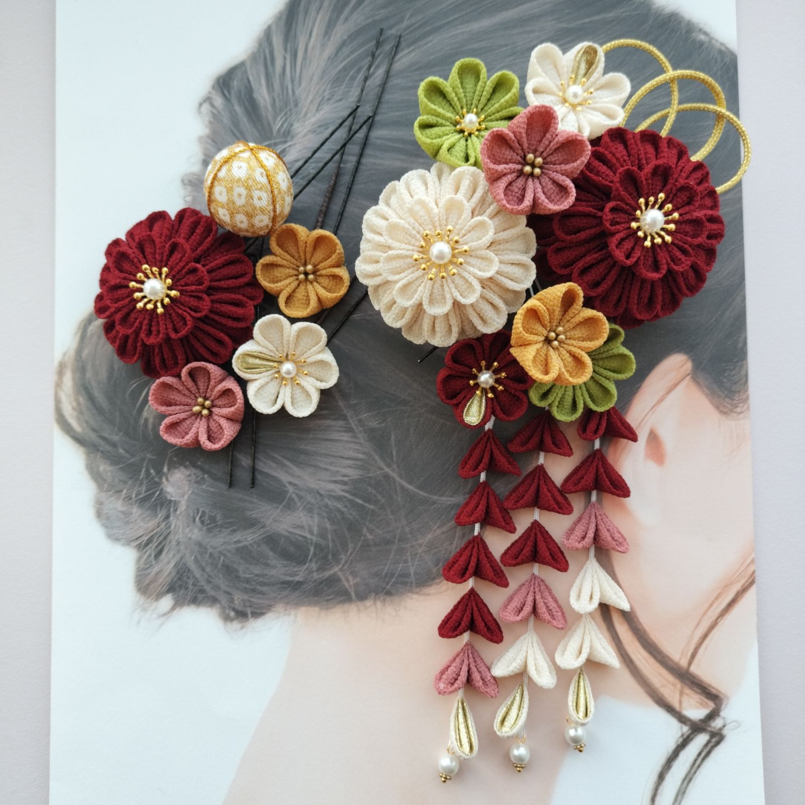 つまみ細工 髪飾り 赤 えんじ 成人式 卒業式 七五三 No.10