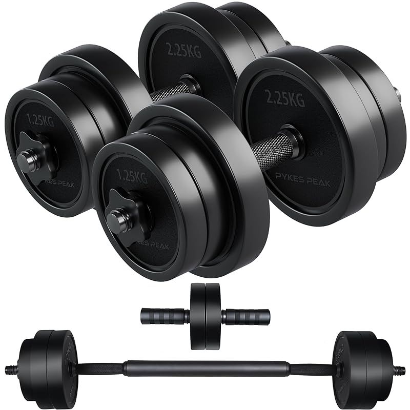 PYKES PEAK 可変式 ダンベル 10kg 2個セット 20kg ダンベル バーベル 腹筋ローラー 3WAY 重さ調節 床キズ防止 錆びない 滑りにくいグリップ ホームジム 筋トレ 宅トレ 筋力 トレーニング アレイ ブラック 0