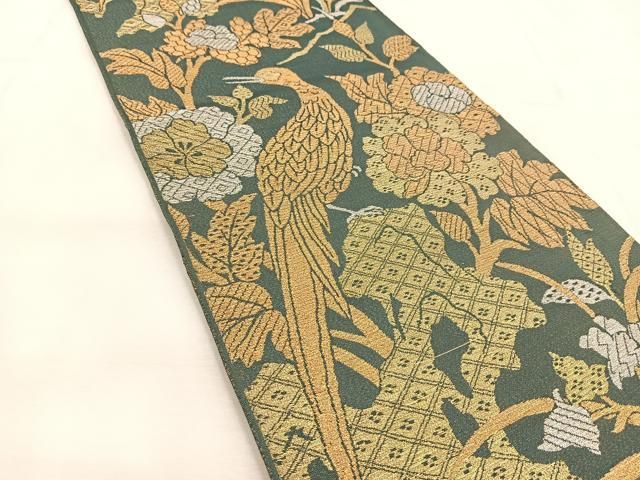 S2 和装着物 正絹袋帯 花鳥図柄 美品 袋帯 ゴールドx緑色x多色 花々に雷鳥模様 六通柄 正絹 仕立て