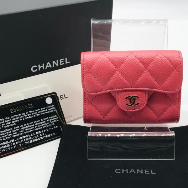 CAHNEL シャネル キャビアスキン 二つ折り 財布 コインケース 小銭入れ ピンク 超美品 m12631