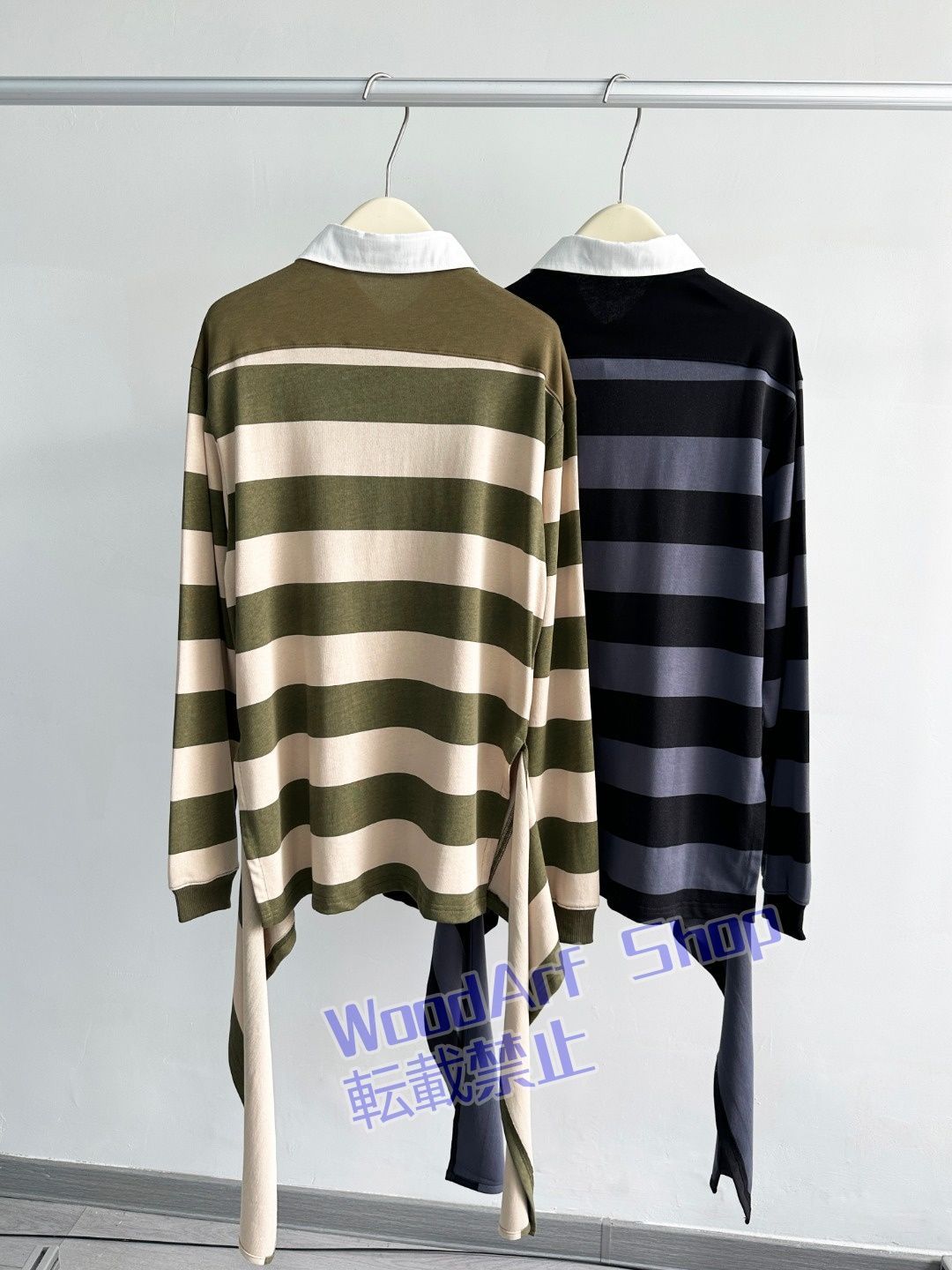 韓国 open yyぶつけ色ストライプポロネック裾バンド長袖Tシャツ