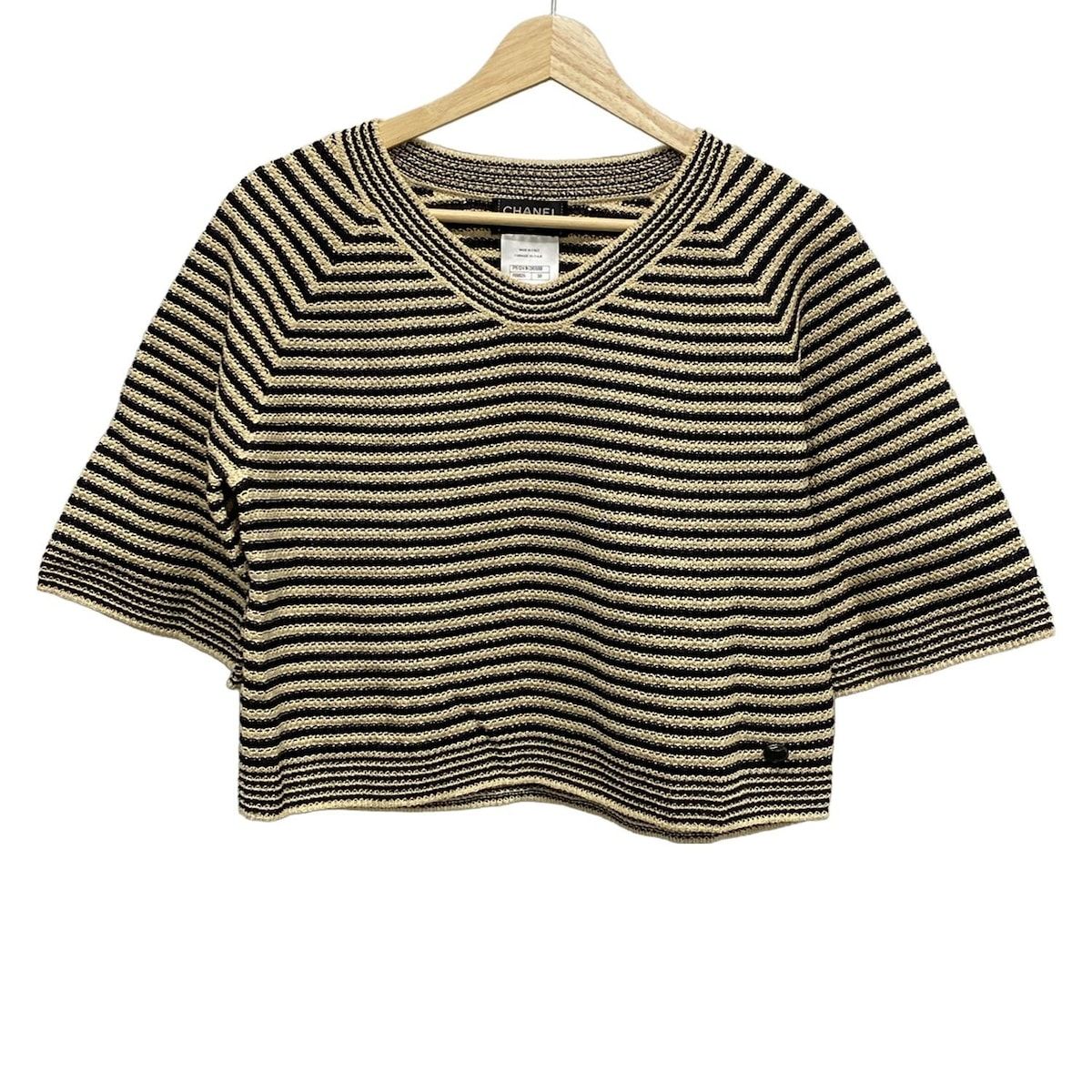 CHANEL シャネル 半袖セーター サイズ38 M レディース - P51241 黒×ベージュ Vネック|ボーダー|2015年