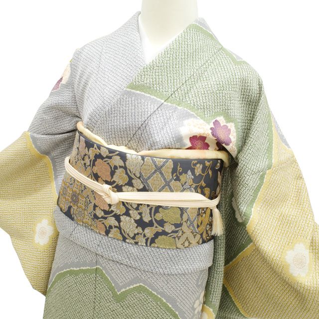 新古品】 訪問着 着物 正絹 袷 グリーン系 桜 折り鶴 藤
