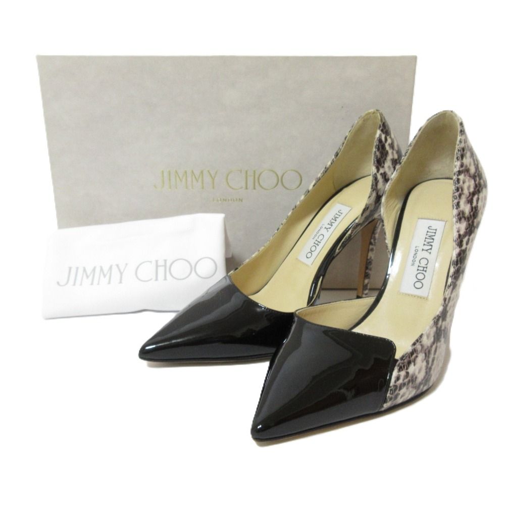 JIMMY CHOO ジミーチュウ パテントレザー パイソン型押し ポインテッドトゥ ピンヒール パンプス 37 約24cm ベージュ ブラック レディース 古着
