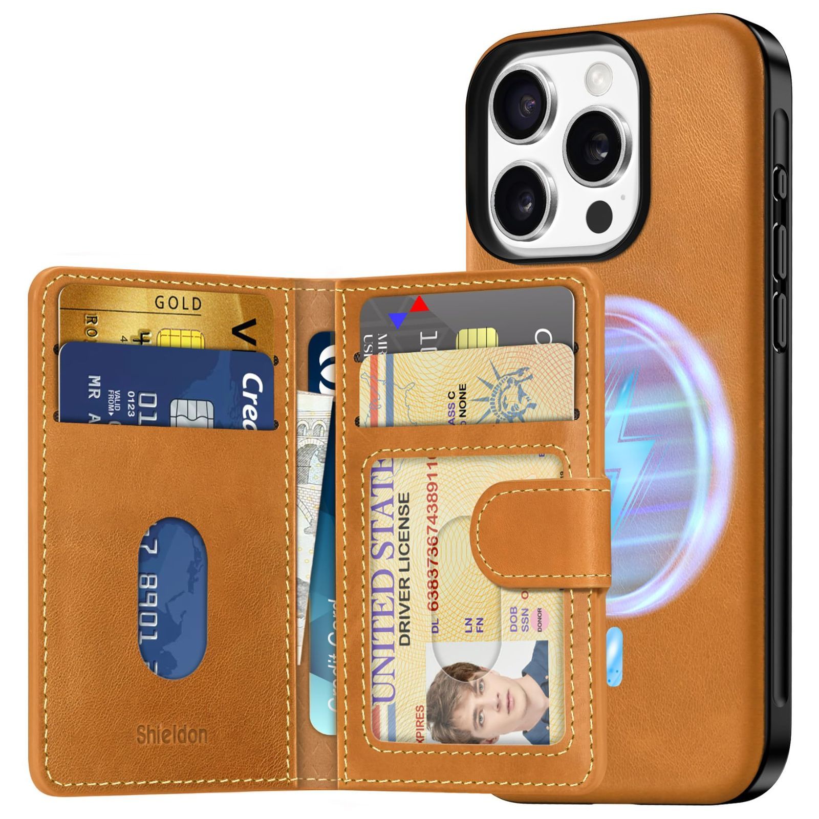 【在庫処分】iPhone 16 Pro 対応 ケース 本革レザー 磁気吸着ウォレット 分離可 6枚カード収納 [RFIDブロッキング] 磁気充電可 ベーシックケース 背面保護 あいふぉん16プロ対応ケース SHIELDON 滑り止め 軽量 指紋防止 カメラ保護