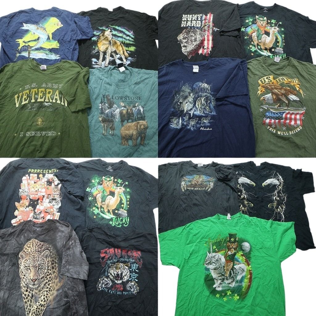 古着卸 まとめ売り アニマル 動物 半袖Tシャツ 15枚セット (メンズ 2XL /3XL /4XL ) オオカミ クマ 魚 鷲 ネコ ヒョウ 犬 大判 MU9375