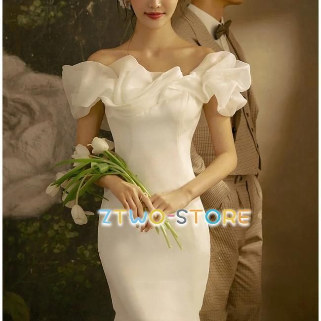  ウエディングドレス マーメイド トレーン ウェディングドレス 袖あり オフショルダー ドレス 白 ロングドレス 大きいサイズ フリル レースアップ 花嫁 登場 ウェディングドレス ドレス ブライダル