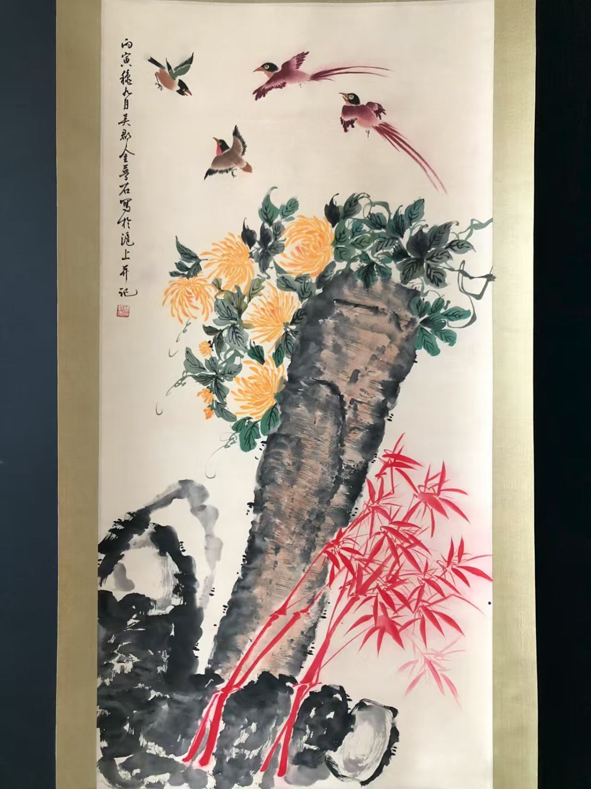 中国古美術. 金楚石 花鳥 四尺手描き作品.宣かみ画.観賞品.文房置物.中国骨董25090707