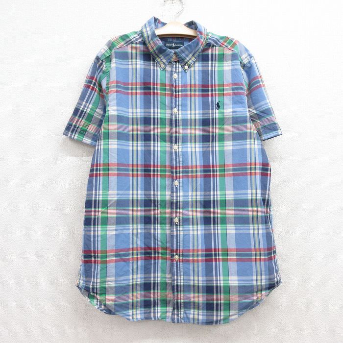 古着 ラルフローレン 半袖 ブランド シャツ キッズ ボーイズ 子供服 90s ワンポイントロゴ コットン ボタンダウン 薄紺他 ネイビー チェッ
