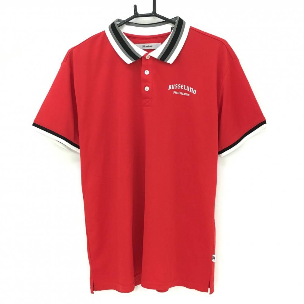 ラッセルノ ゴルフ ルチャマスクロゴ 半袖 ポロシャツ ウエア 定2.2万 6 ラッセルノ 半袖ポロシャツ レッド ロゴシルバー ルチャマスク メンズ