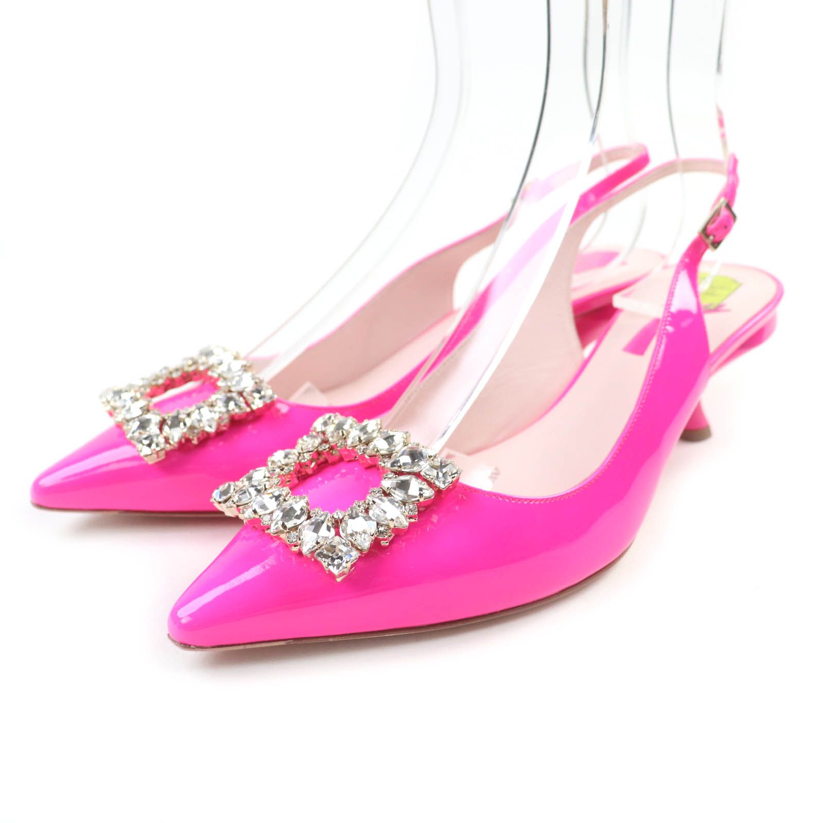 ♥品 ROGER VIVIER ロジェヴィヴィエ ヴィルギュル ストラスバックル バックストラップ ポインテッドトゥ パテントレザー パンプス ピンク 38 イタリア製 レディース