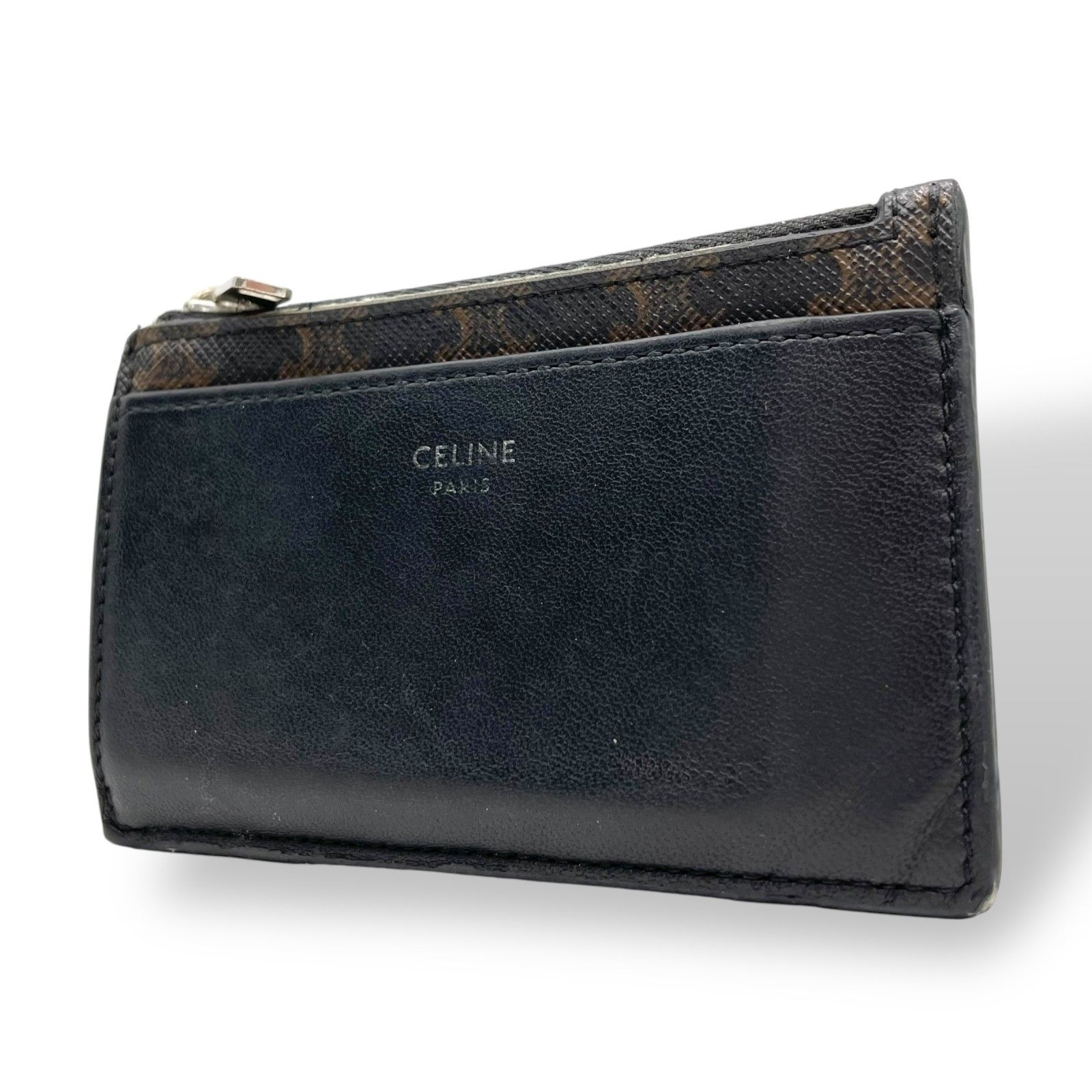 CELINE セリーヌ フラグメントケース コインケース トリオンフキャンバス PVC レザー ブラック 黒 ブラウン系 シルバー金具 メンズ レディース ユニセックス W2