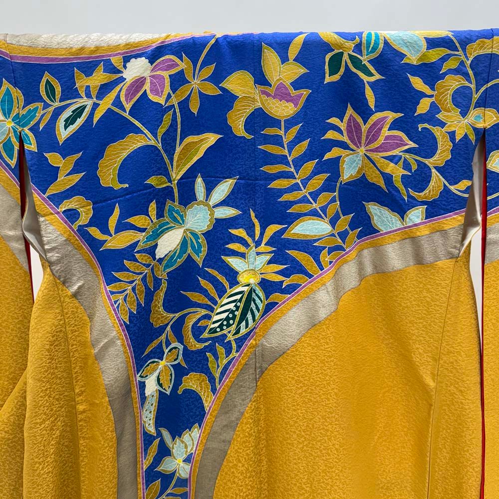 本振袖 引き振袖 正絹 青 花柄 古典 刺繍 結婚式 裄64.5cm B