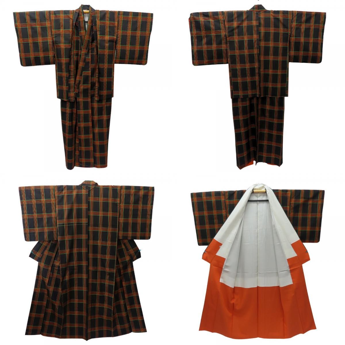 着物セット アンサンブル 正絹 ブラウン オレンジ グリーン 紬 和装 呉服 和服 きもの メンズ 男性