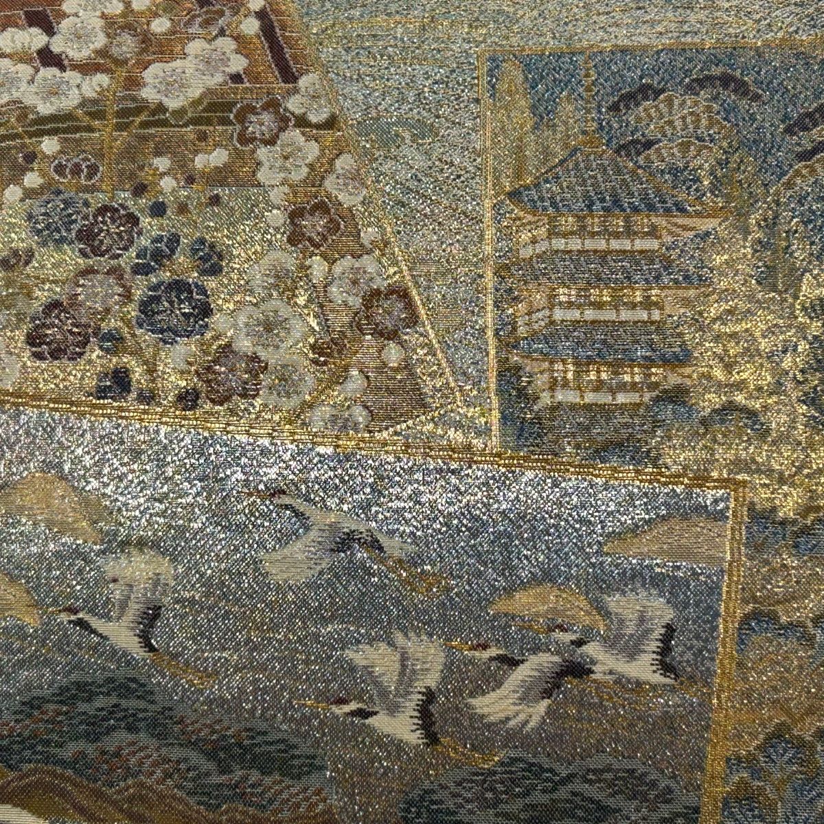 袋帯 美品 逸品 加賀名品百撰 色紙 風景 金糸 箔 金色 全通 正絹