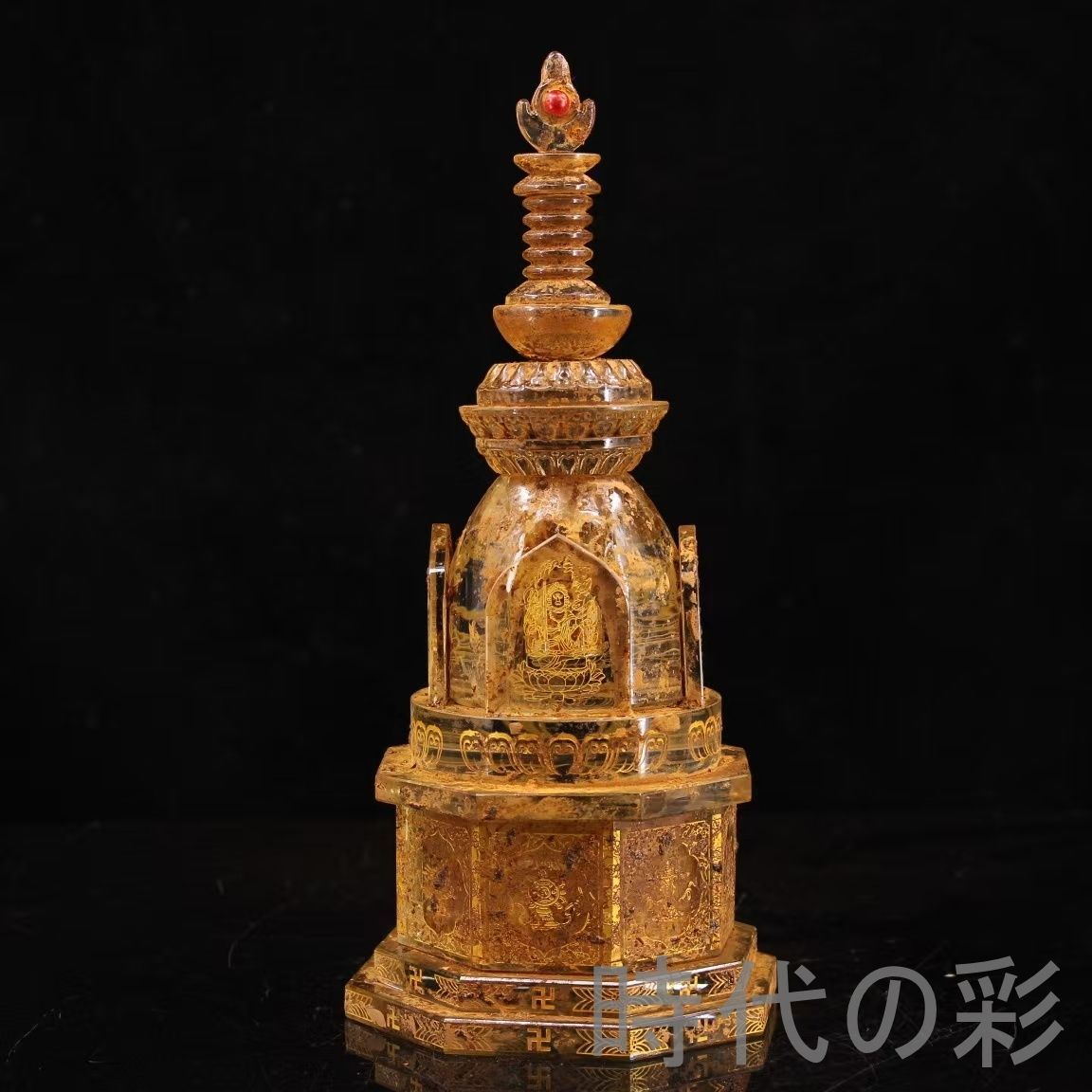 中国古美術 古寺院結縁 清代 老水晶 彫刻 図騰 描金 八宝 舎利塔 仏教美術 唐物 骨董品 細工 古賞物 置物 時代物 収集 古美味 旧家蔵出 時代物 R07100302
