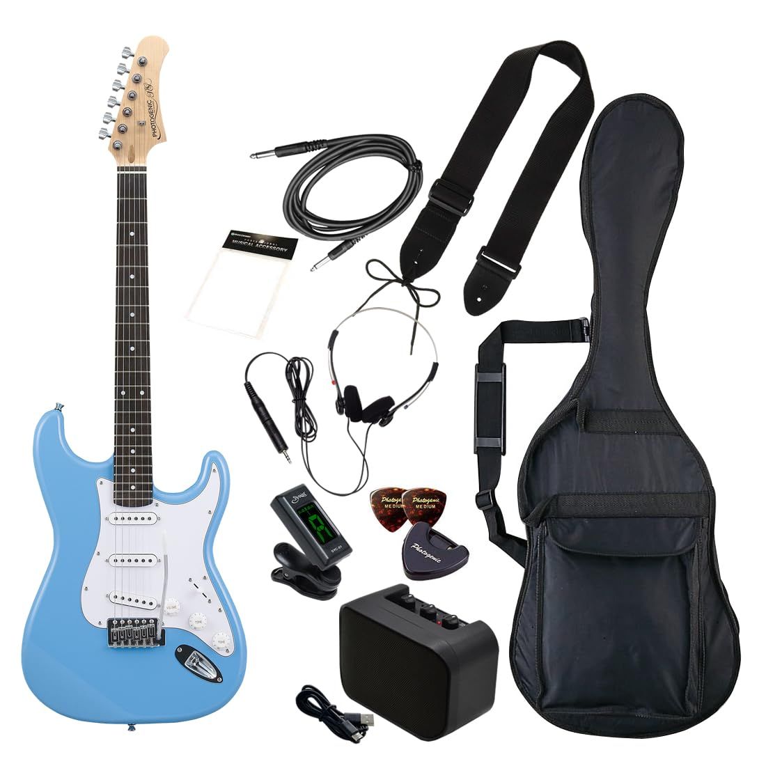 フォトジェニック Photogenic PhotoGenic エレキギター 初心者入門 ビギナーセット STタイプ ST-180|UBL ライトブルー ソフトケース|シールド|ミニアンプ|チューナー|ヘッドフォン|ストラップ|ピック|ピックケース|ク